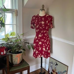 Reformation red floral mini dress with sleeves, viscose/rayon, small